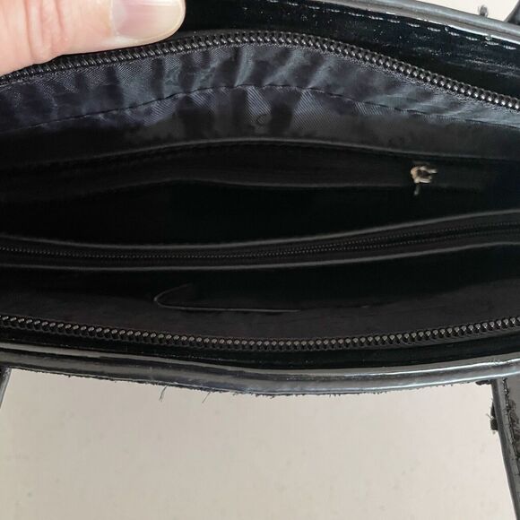 Tosoco Black Suede Patent Leather Purse Shoulder Tote Floral Embellishment - Picture 9 of 9